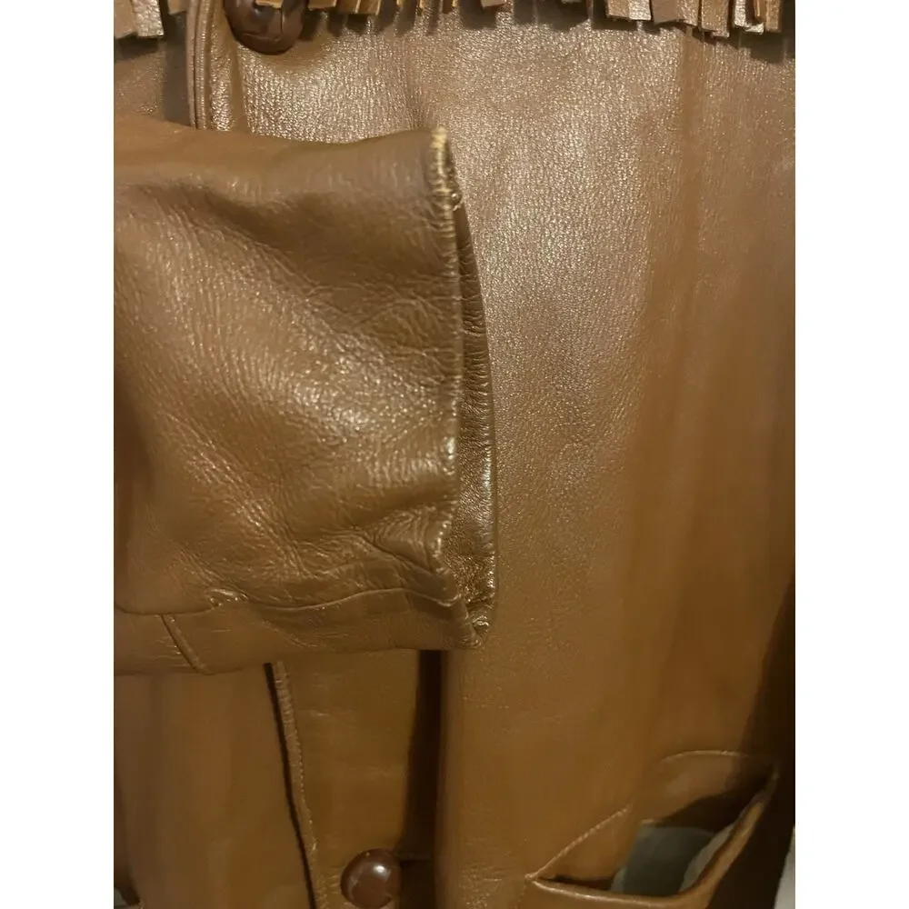 VTG 70s Deerskin Leather Jacket Fringe Western Belted Dagger Rock Brown L/XL 46
